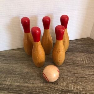 Classic Wooden Five Pin Bowling Set with Red Accents